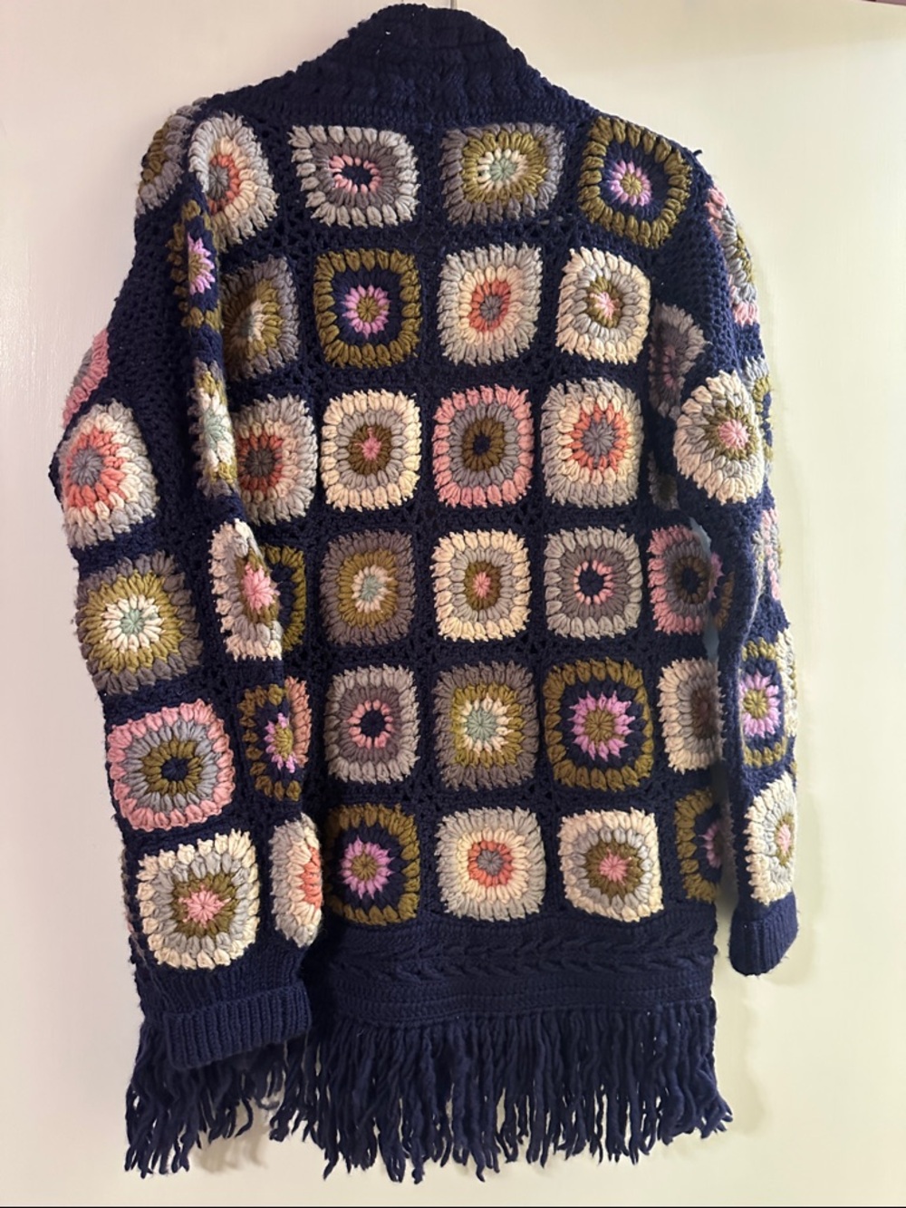 Sundance Navy Crochet Granny-Square Fringe Cardigan with Pink and Olive Accents - Picture 5 of 5